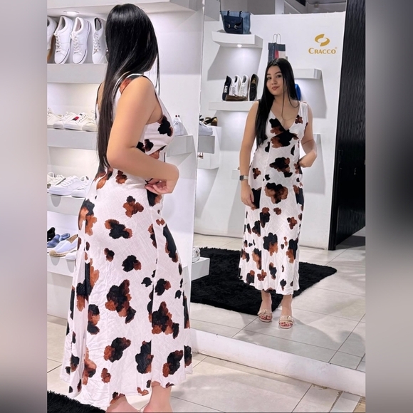 Elegant V-Neck Midi Dress in Brown and White - Picture 9 of 12